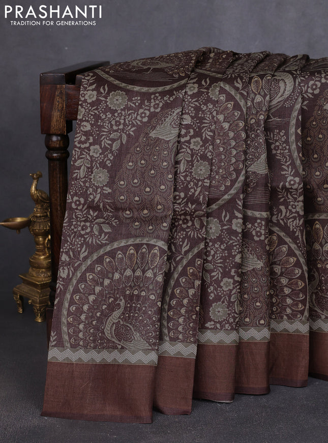 Pure tussar silk saree brown with allover prints and zari woven border