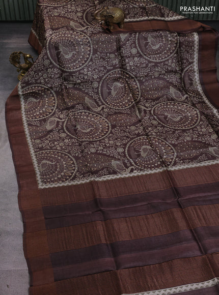 Pure tussar silk saree brown with allover prints and zari woven border