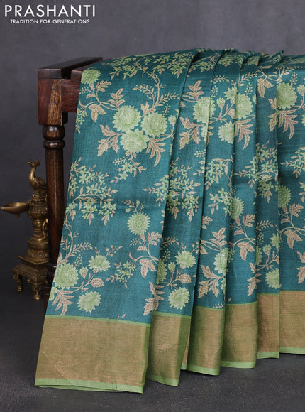 Pure tussar silk saree green and light green with allover prints and zari woven border