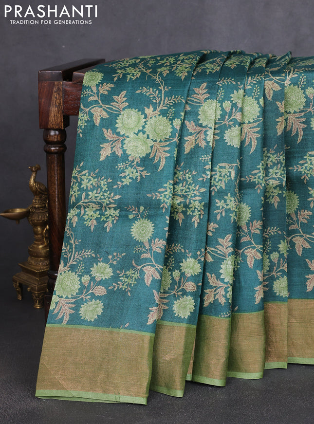 Pure tussar silk saree green and light green with allover prints and zari woven border