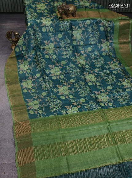 Pure tussar silk saree green and light green with allover prints and zari woven border