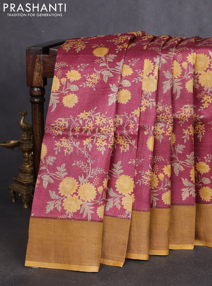 Pure tussar silk saree wine shade and mustard yellow with allover prints and zari woven border