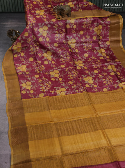 Pure tussar silk saree wine shade and mustard yellow with allover prints and zari woven border