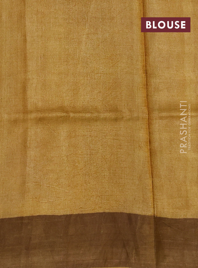 Pure tussar silk saree wine shade and mustard yellow with allover prints and zari woven border