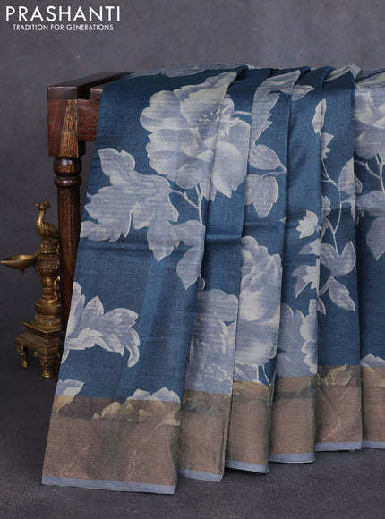 Pure tussar silk saree grey with allover prints and zari woven border
