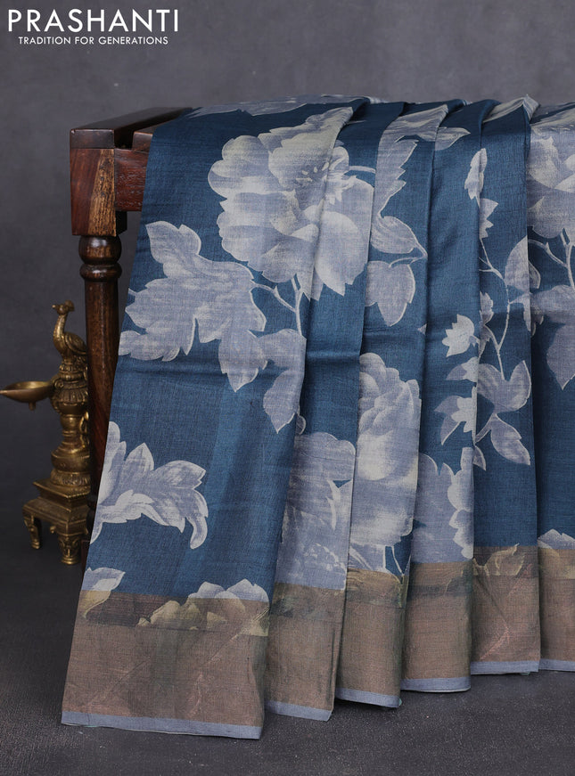 Pure tussar silk saree grey with allover prints and zari woven border