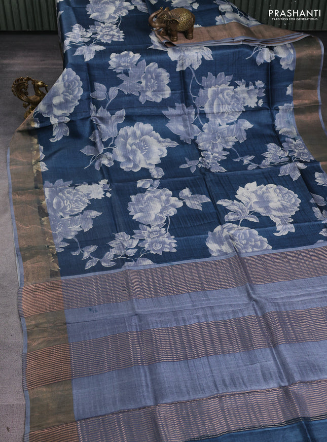 Pure tussar silk saree grey with allover prints and zari woven border