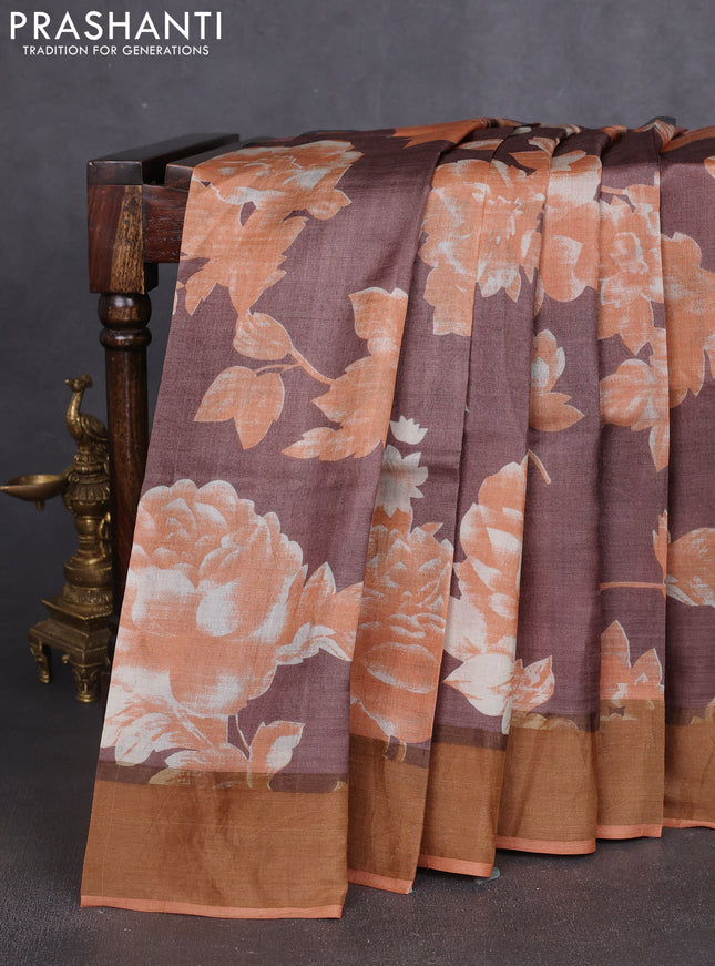 Pure tussar silk saree brown and orange with allover prints and zari woven border