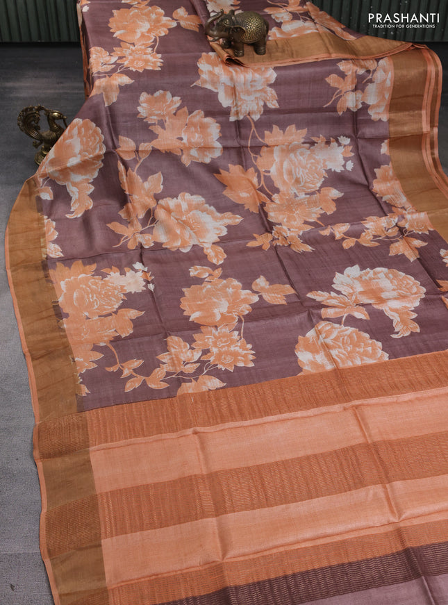 Pure tussar silk saree brown and orange with allover prints and zari woven border