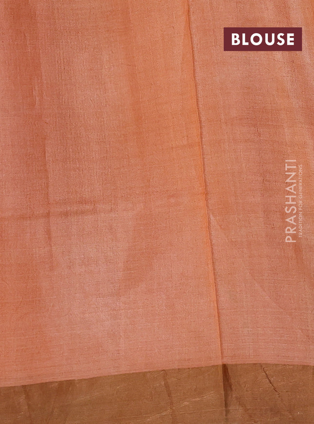 Pure tussar silk saree brown and orange with allover prints and zari woven border
