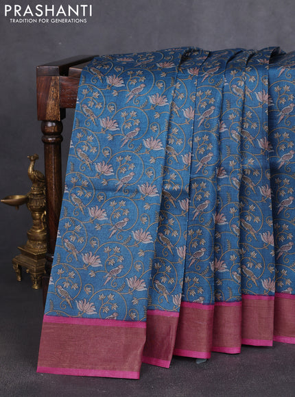 Pure tussar silk saree blue and pink with allover prints and zari woven border