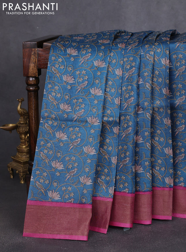 Pure tussar silk saree blue and pink with allover prints and zari woven border