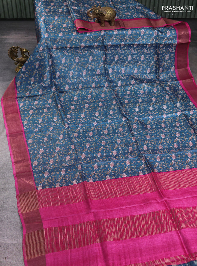 Pure tussar silk saree blue and pink with allover prints and zari woven border