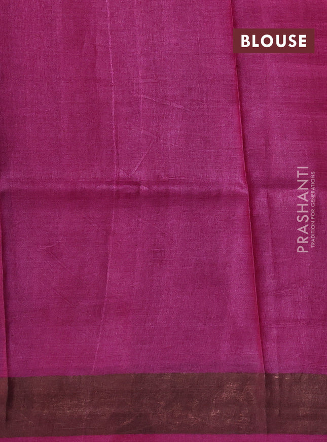 Pure tussar silk saree blue and pink with allover prints and zari woven border