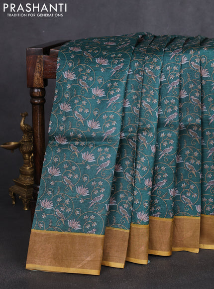 Pure tussar silk saree green and yellow with allover prints and zari woven border