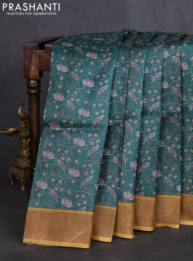 Pure tussar silk saree green and yellow with allover prints and zari woven border