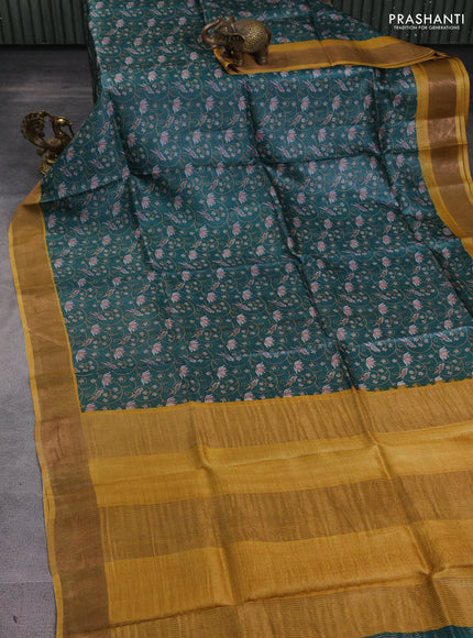 Pure tussar silk saree green and yellow with allover prints and zari woven border