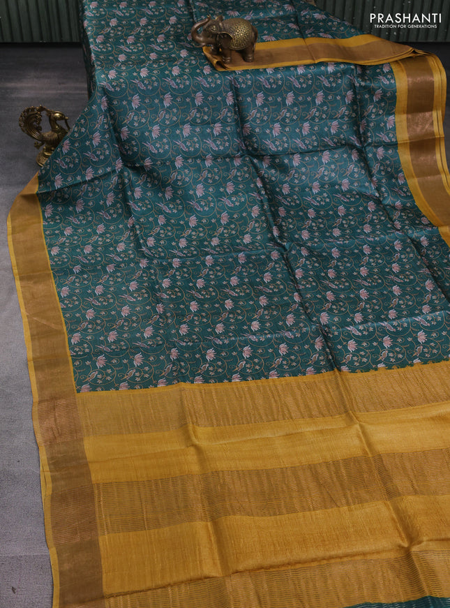 Pure tussar silk saree green and yellow with allover prints and zari woven border
