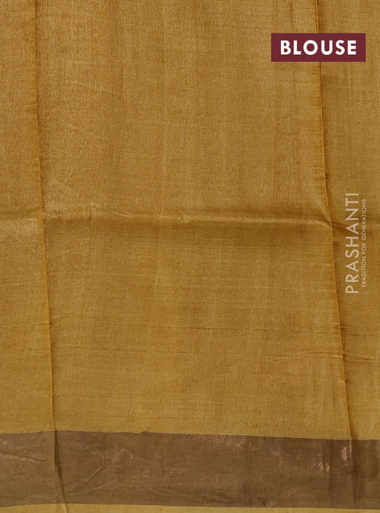 Pure tussar silk saree green and yellow with allover prints and zari woven border