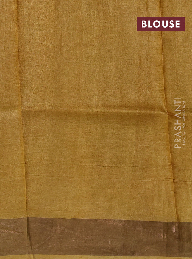 Pure tussar silk saree green and yellow with allover prints and zari woven border