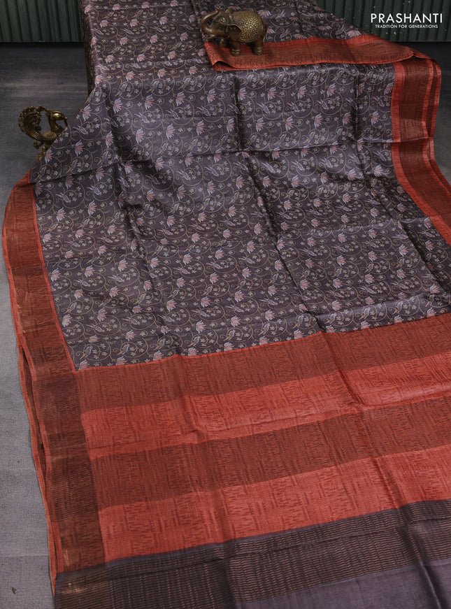 Pure tussar silk saree grey and rust shade with allover prints and zari woven border