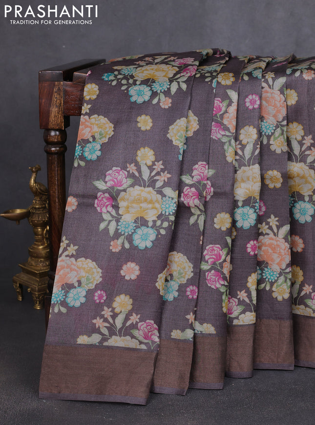 Pure tussar silk saree brown with allover prints and zari woven border