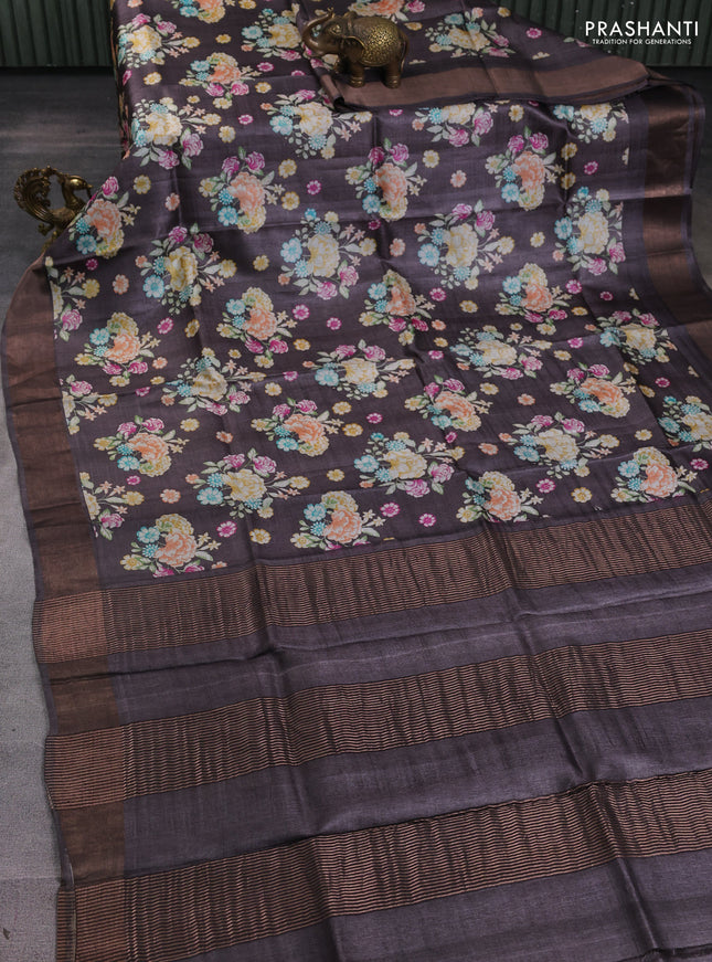 Pure tussar silk saree brown with allover prints and zari woven border