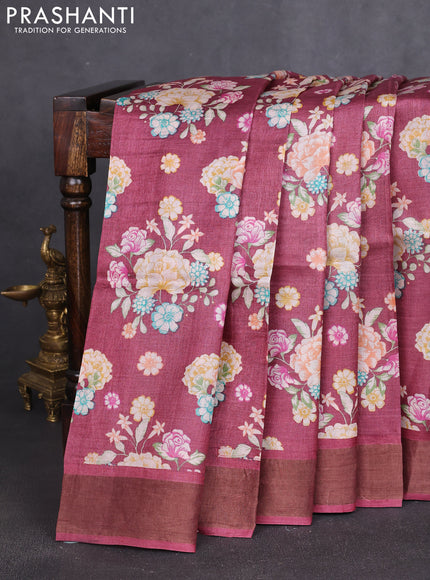 Pure tussar silk saree wine shade with allover prints and zari woven border
