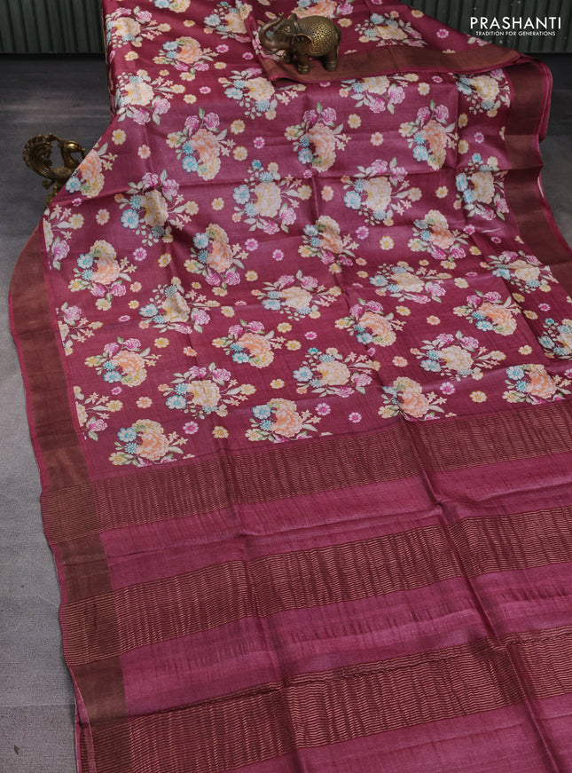 Pure tussar silk saree wine shade with allover prints and zari woven border