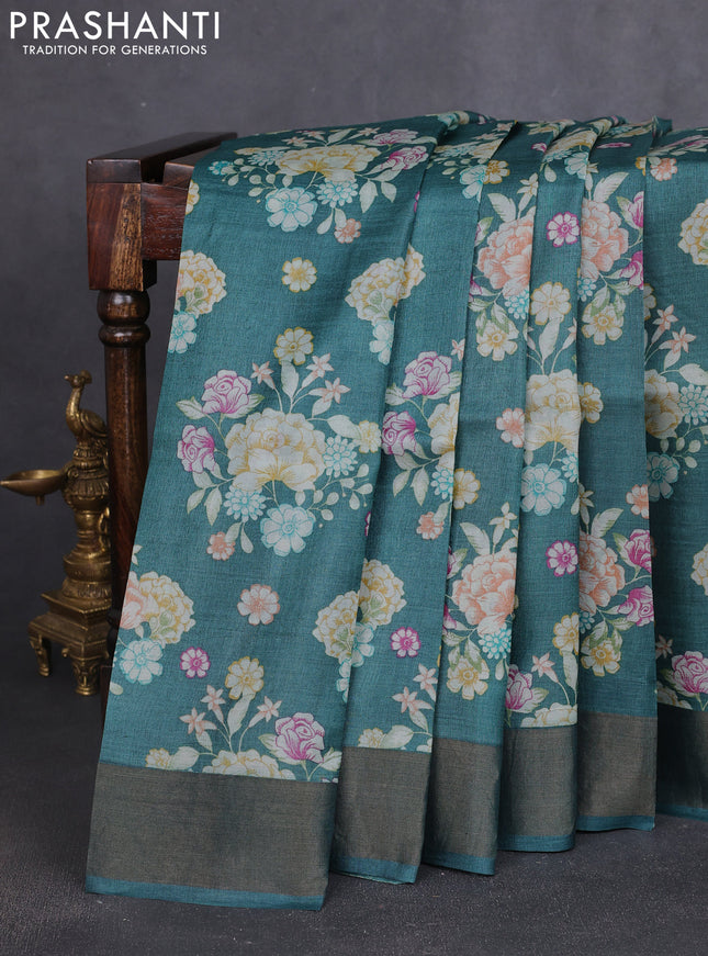 Pure tussar silk saree green with allover prints and zari woven border