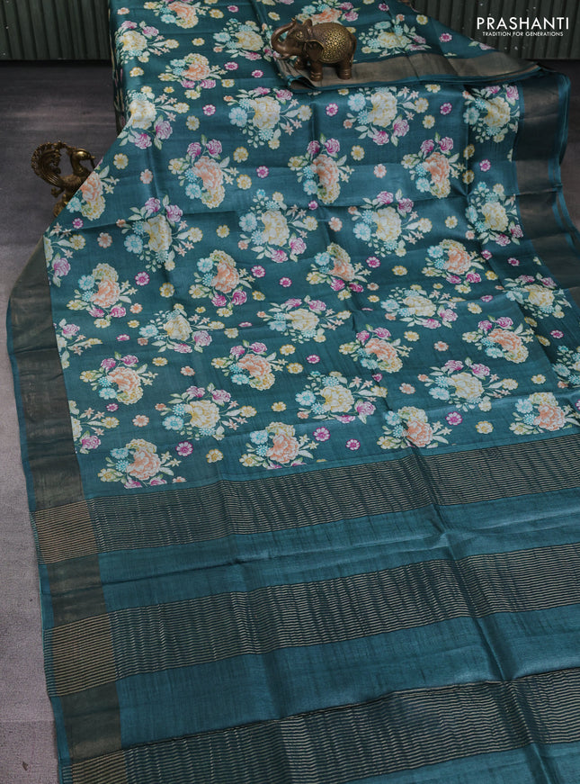 Pure tussar silk saree green with allover prints and zari woven border