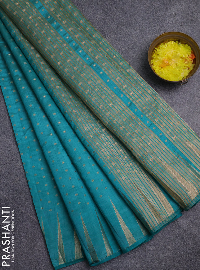 Semi raw silk saree teal blue with allover zari woven 1000 buttas and zari woven border