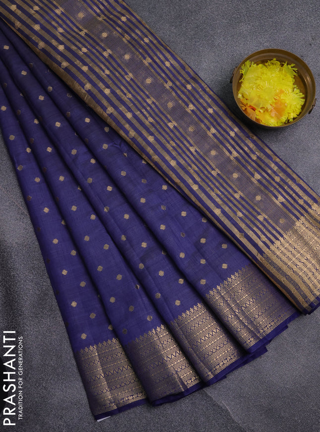 Semi raw silk saree navy blue with allover zari woven 1000 buttas and zari woven border