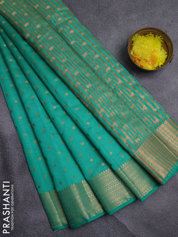 Semi raw silk saree teal green with allover zari woven 1000 buttas and zari woven border