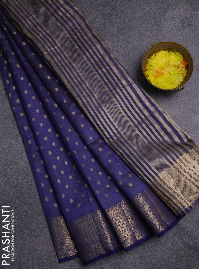 Semi raw silk saree navy blue with allover zari woven 1000 buttas and zari woven border
