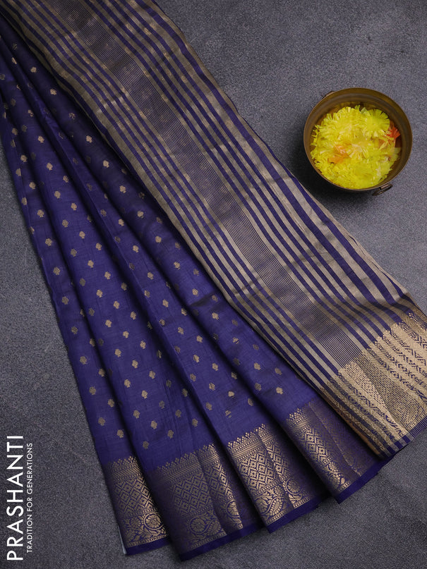 Semi raw silk saree navy blue with allover zari woven 1000 buttas and zari woven border