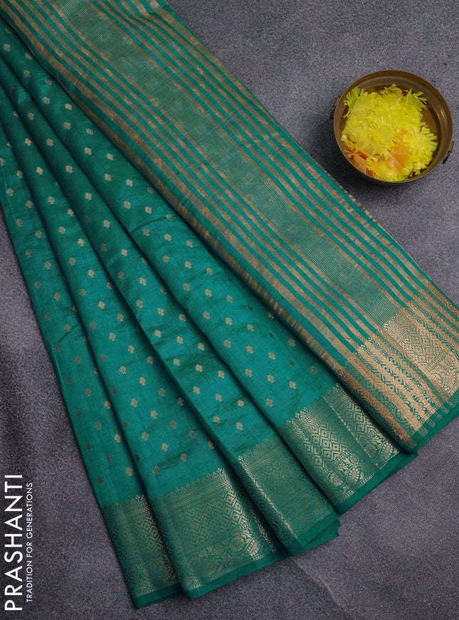 Semi raw silk saree teal blue with allover zari woven 1000 buttas and zari woven border