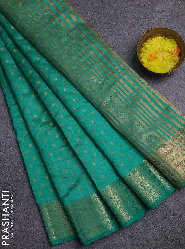 Semi raw silk saree teal green with allover zari woven 1000 buttas and zari woven border