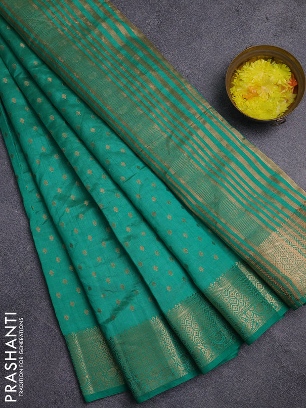 Semi raw silk saree teal green with allover zari woven 1000 buttas and zari woven border