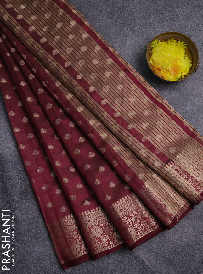 Semi raw silk saree maroon with allover zari woven 1000 buttas and zari woven border