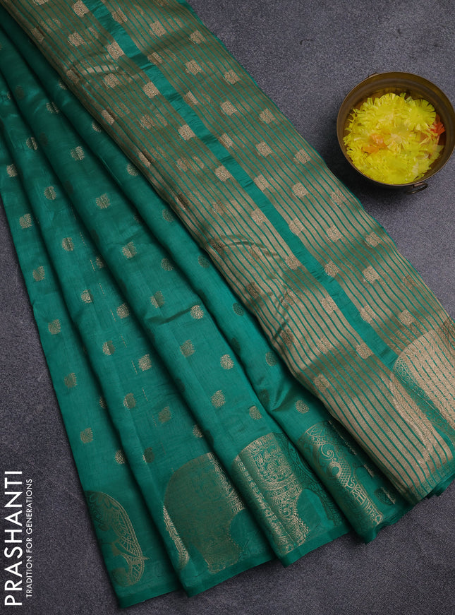 Semi raw silk saree teal green with allover zari woven 1000 buttas and zari woven border