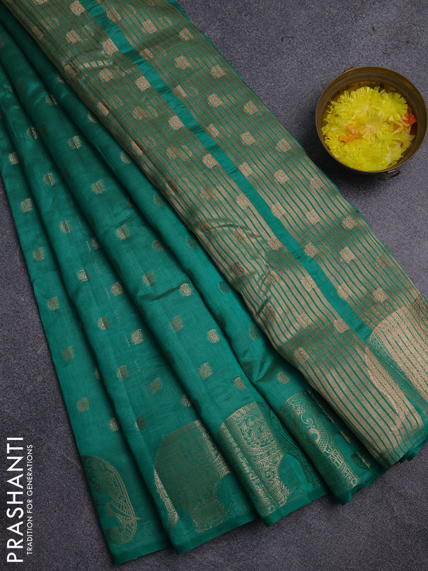 Semi raw silk saree teal green with allover zari woven 1000 buttas and zari woven border