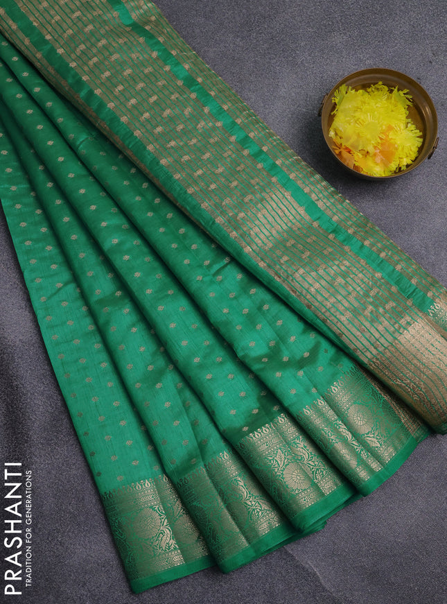 Semi raw silk saree teal green with allover zari woven 1000 buttas and zari woven border