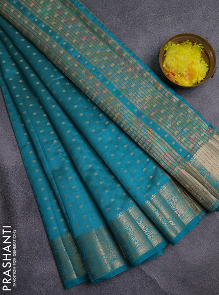 Semi raw silk saree teal blue with allover zari woven 1000 buttas and zari woven border
