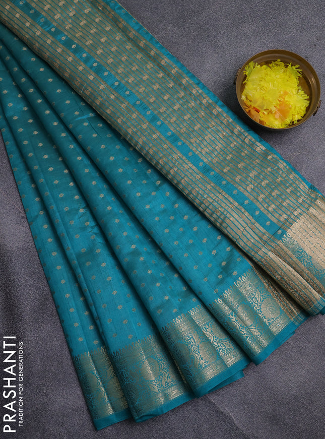 Semi raw silk saree teal blue with allover zari woven 1000 buttas and zari woven border