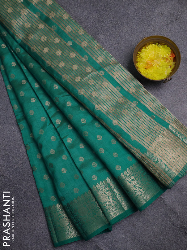 Semi raw silk saree teal blue with allover zari woven 1000 buttas and zari woven border