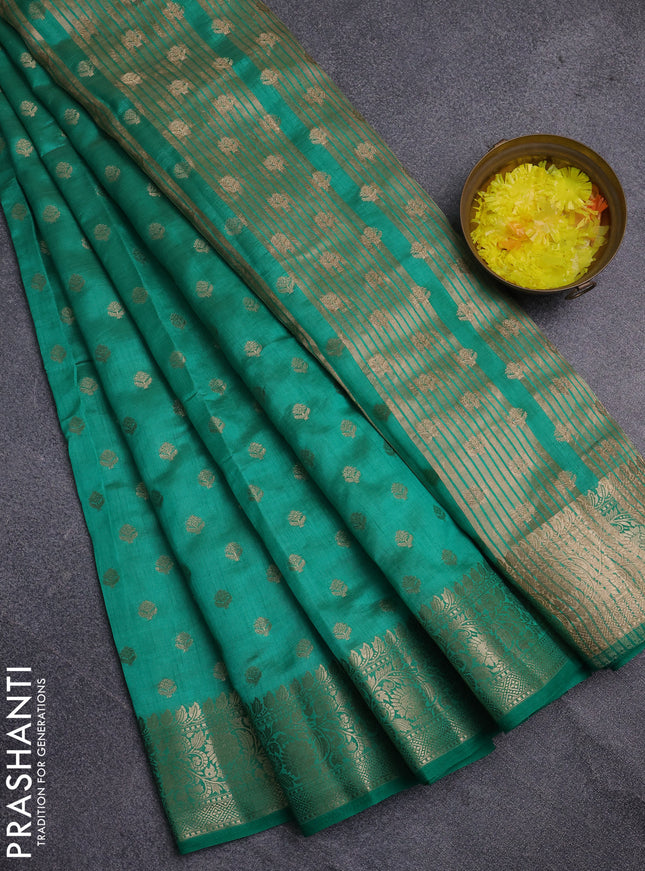 Semi raw silk saree teal green with allover zari woven 1000 buttas and zari woven border