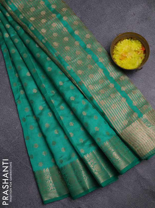 Semi raw silk saree teal green with allover zari woven 1000 buttas and zari woven border