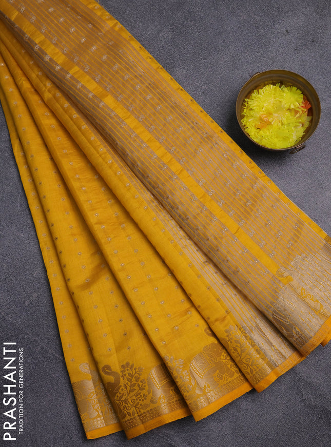 Semi raw silk saree yellow with allover zari woven 1000 buttas and zari woven border