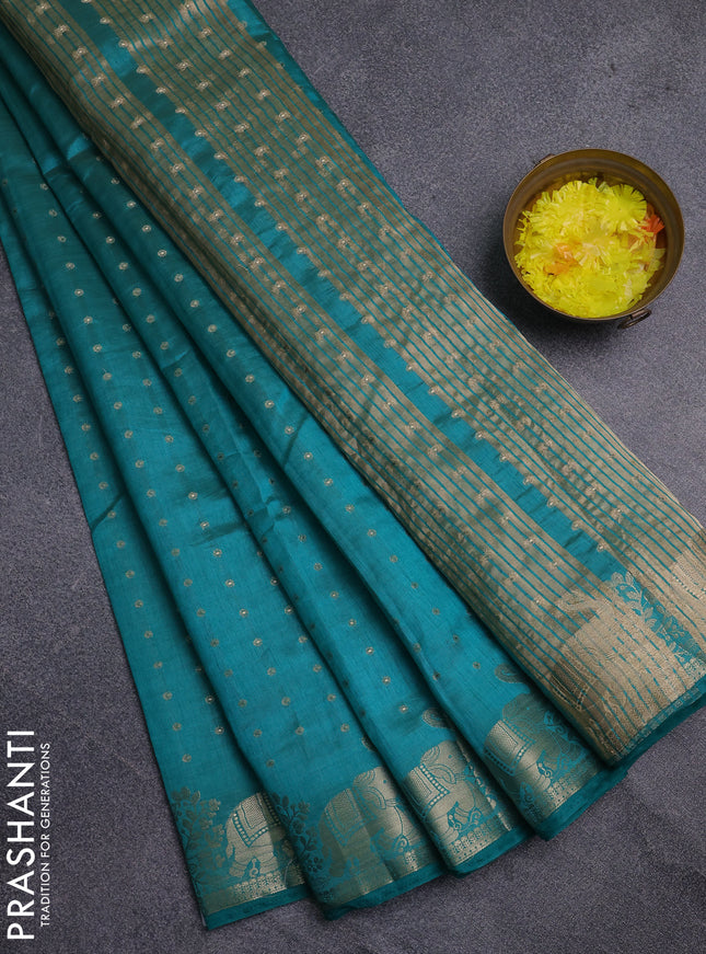 Semi raw silk saree teal green shade with allover zari woven 1000 buttas and zari woven border